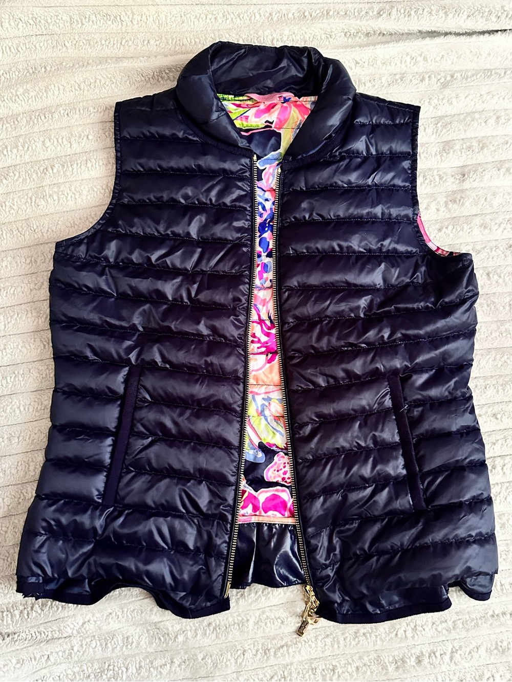 Lilly Pulitzer Navy Quilted Puffer Vest with Floral Lining